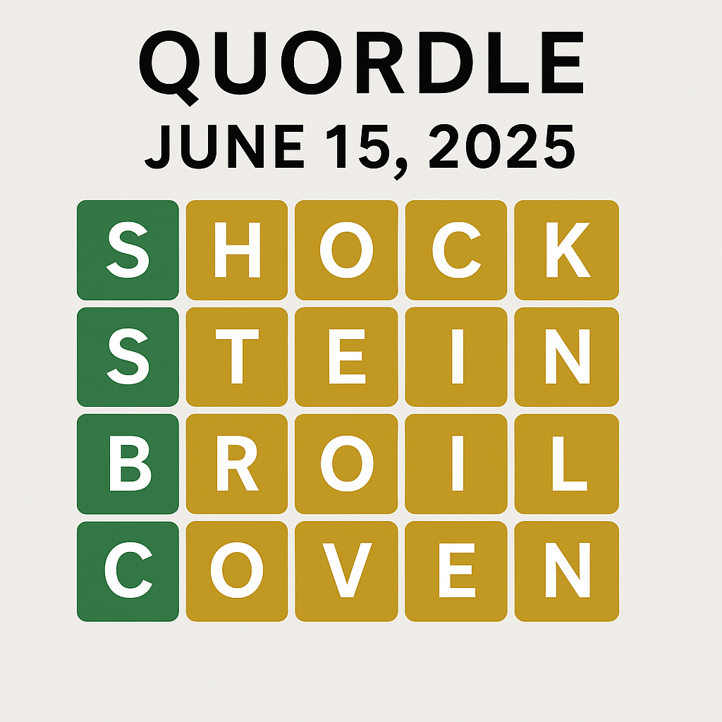 Quordle June 15 2025 Answer & Hints – SHOCK · STEIN · BROIL · COVEN