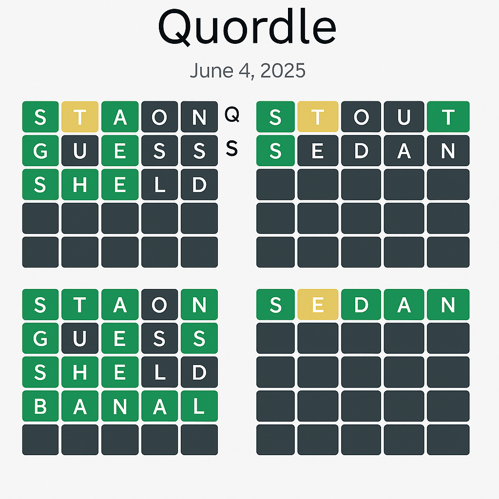 Quordle Answer for June 4, 2025 | Game #1227 Solutions