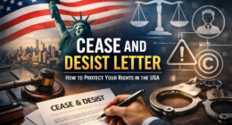 Cease and desist letter concept image with USA flag, Statue of Liberty, legal scales, and document signing to stop harassment and copyright infringement