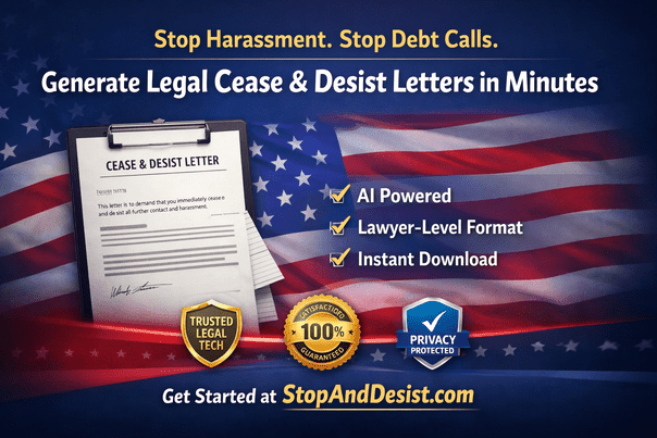 This image illustrates the concept of a cease and desist letter in the United States, highlighting legal authority and protection. It features a person signing a legal document labeled “Cease & Desist,” with visual elements such as the American flag, Statue of Liberty, courthouse gavel, and scales of justice. These symbols represent law enforcement, intellectual property protection, and the seriousness of legal action against harassment, defamation, and copyright violations.